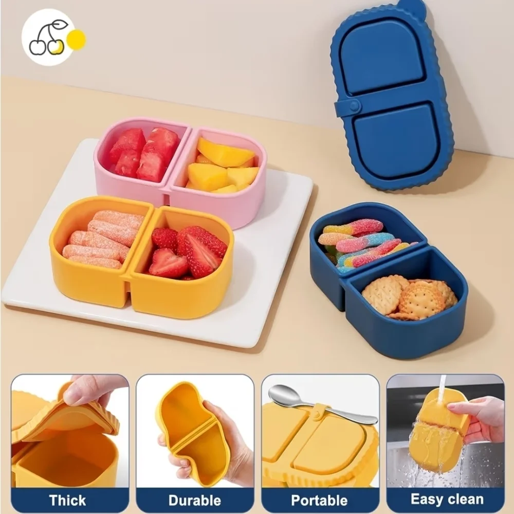 3 Pack Silicone Snack Containers w Lids 8oz Double Compartment BPA Free